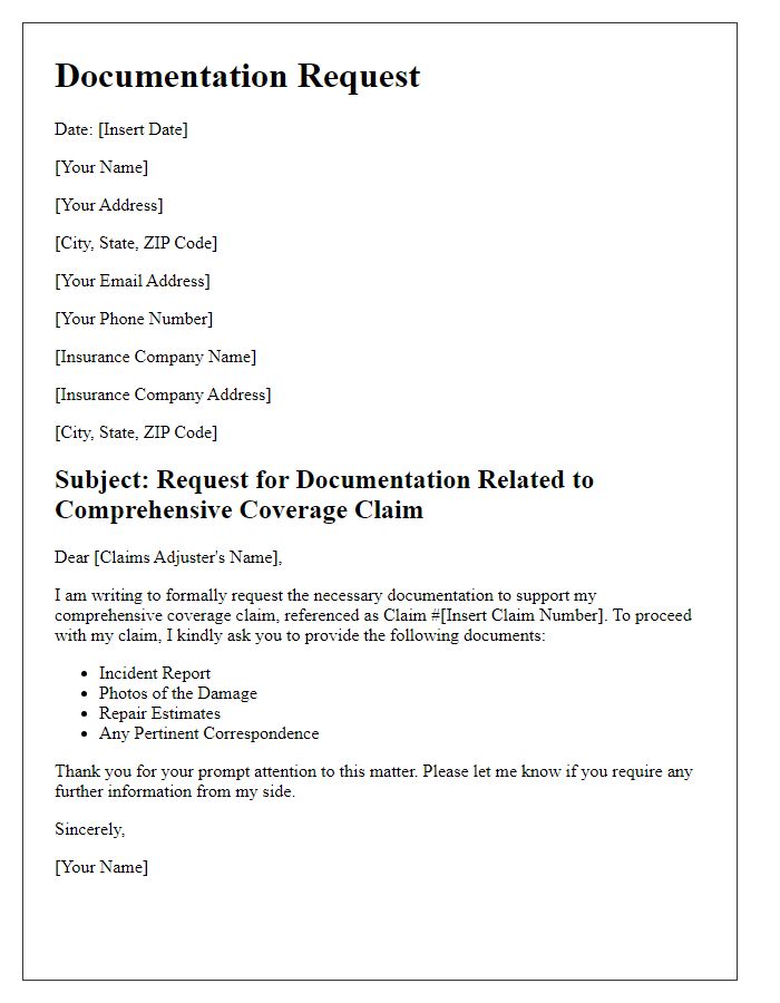 Letter template of documentation request for comprehensive coverage claim