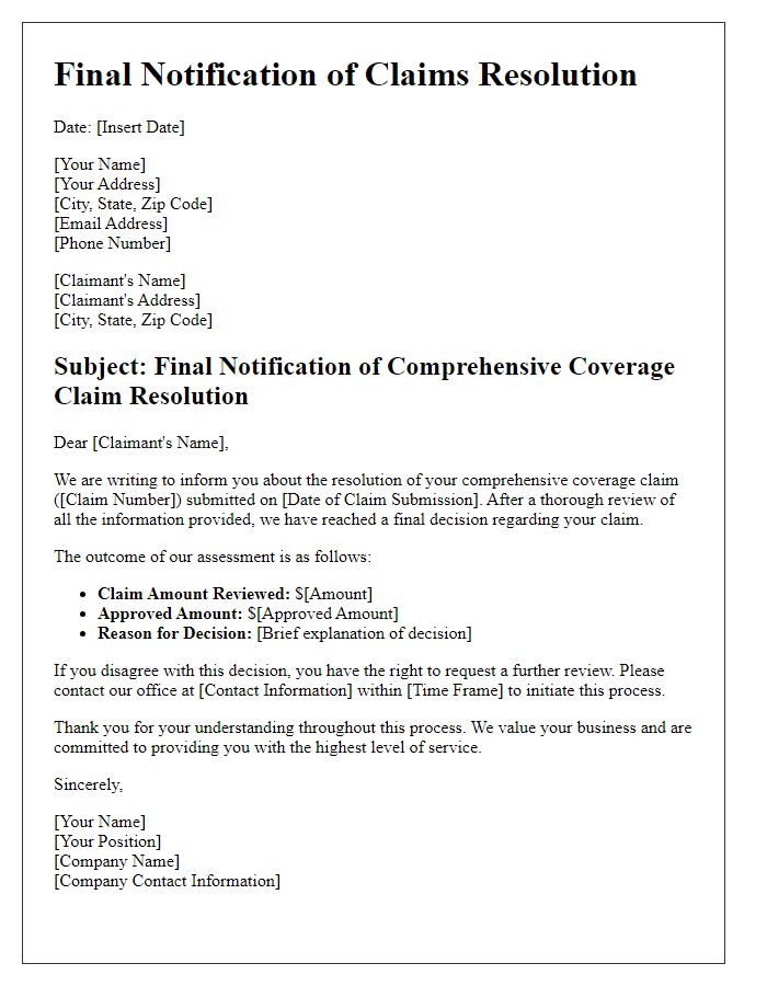 Letter template of final notification for comprehensive coverage claim resolution