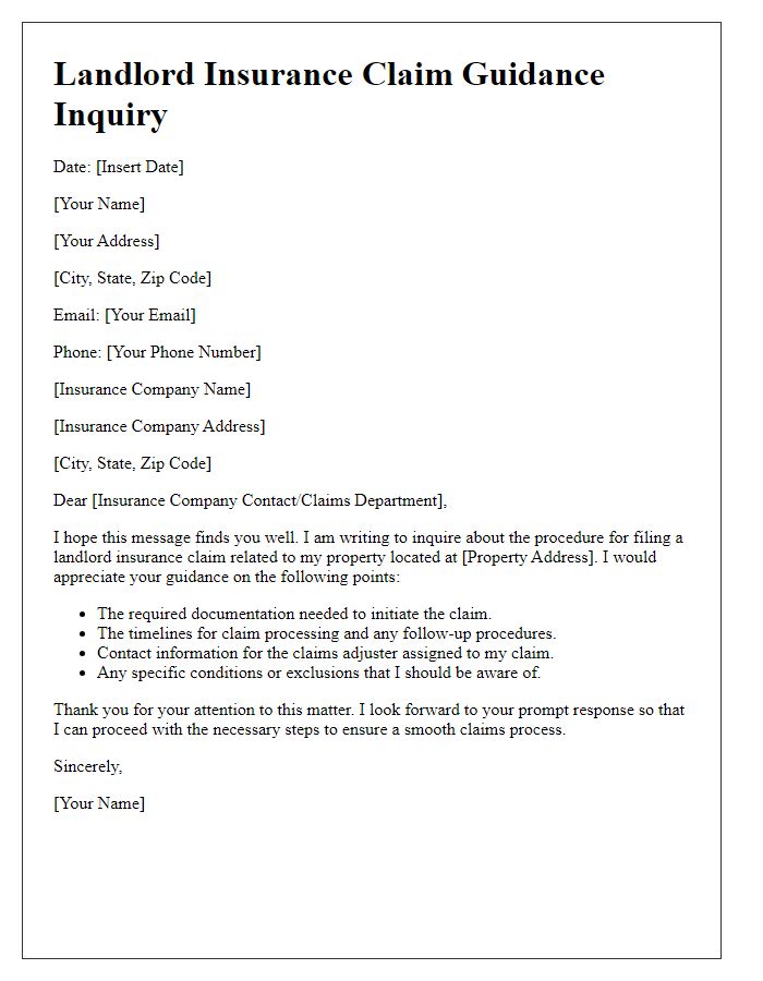 Letter template of landlord insurance claim guidance inquiry