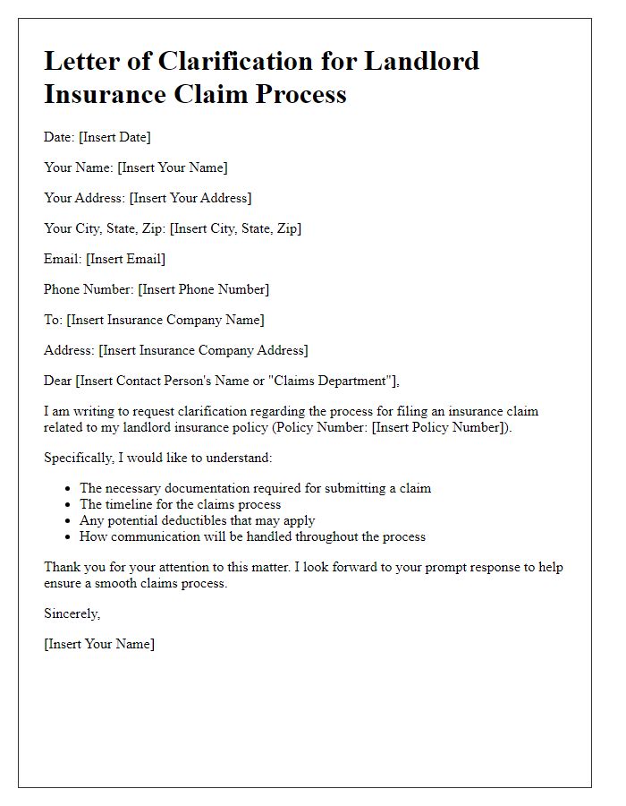 Letter template of landlord insurance claim process clarification