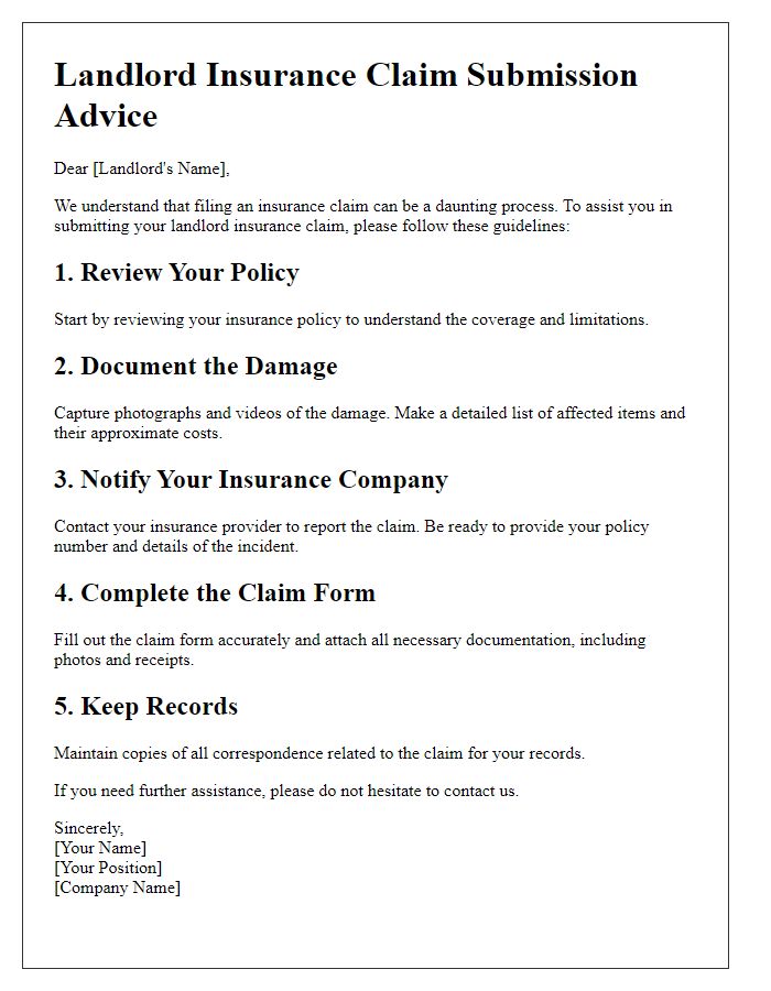 Letter template of landlord insurance claim submission advice