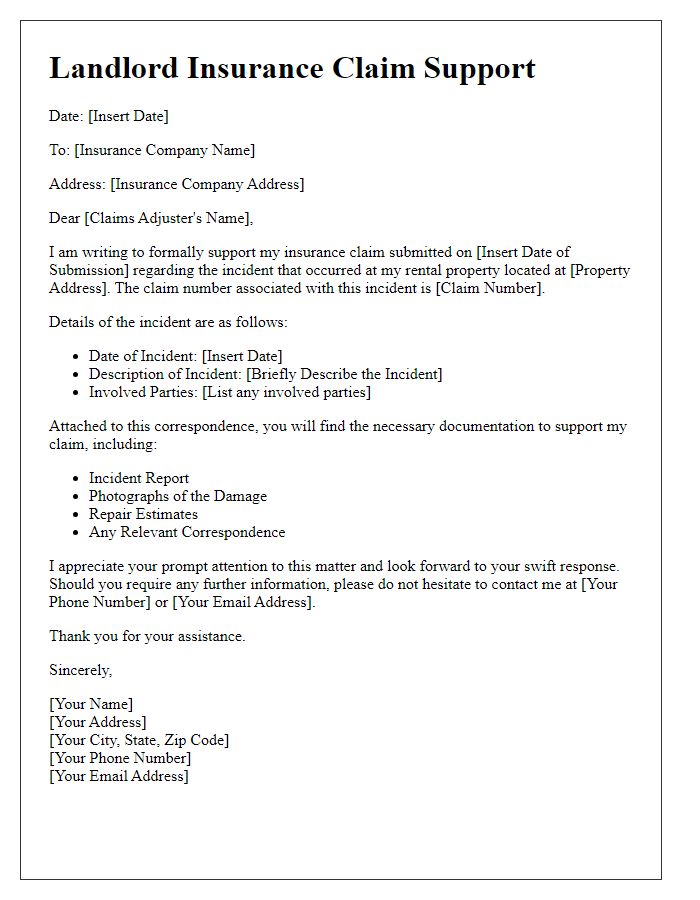 Letter template of landlord insurance claim support correspondence