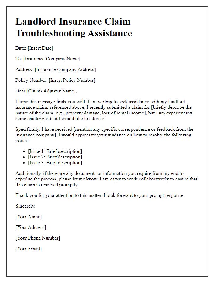 Letter template of landlord insurance claim troubleshooting assistance