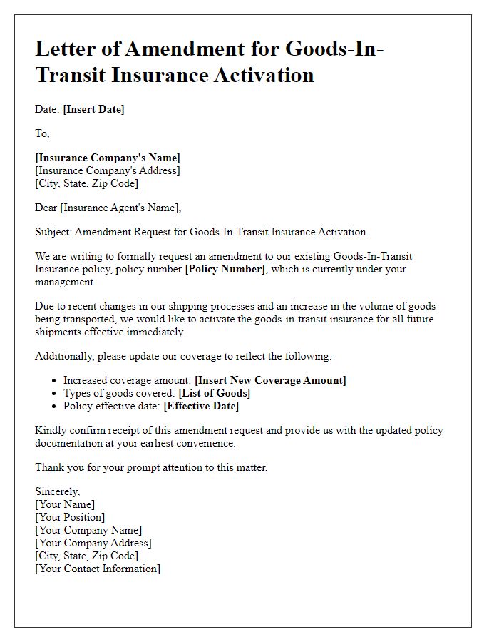 Letter template of amendment for goods-in-transit insurance activation