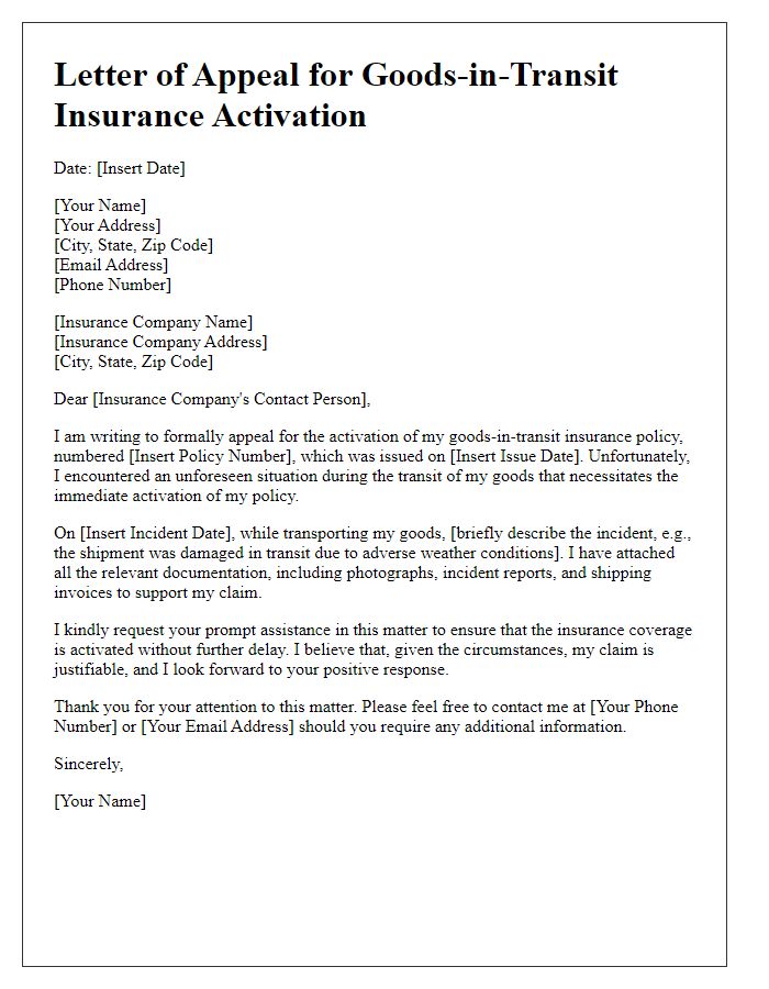 Letter template of appeal for goods-in-transit insurance activation