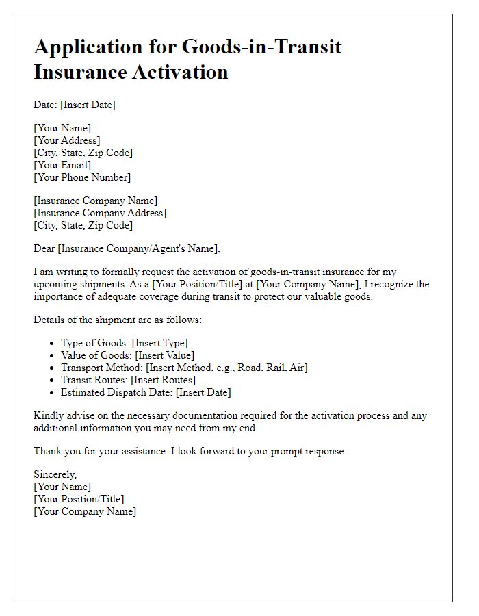 Letter template of application for goods-in-transit insurance activation