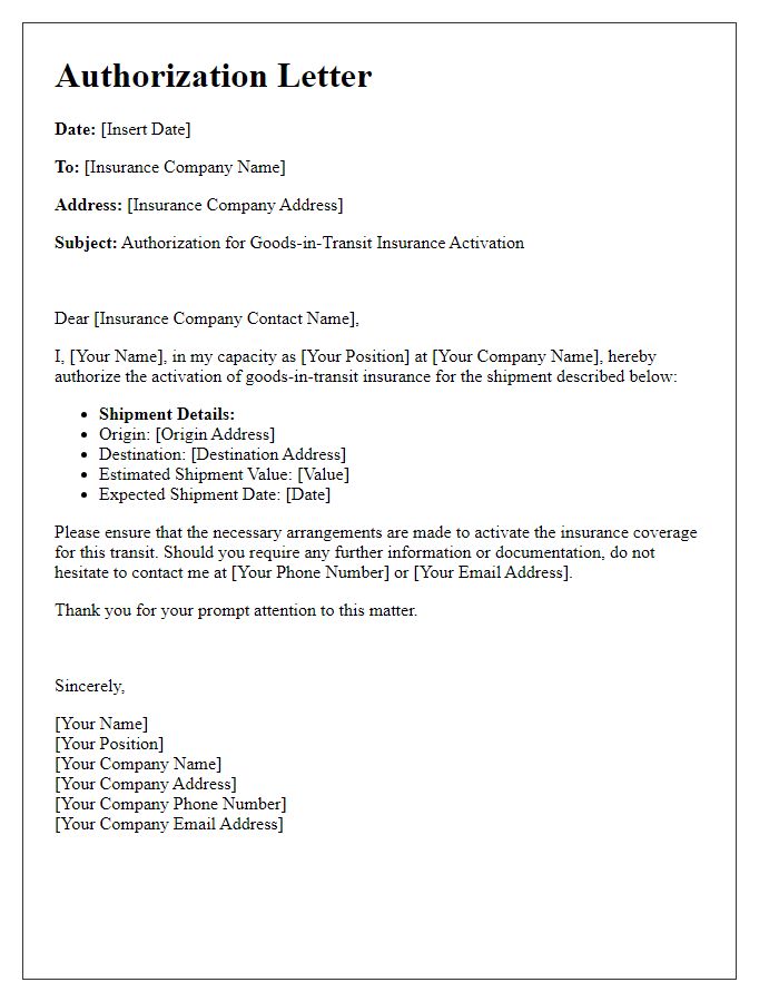 Letter template of authorization for goods-in-transit insurance activation