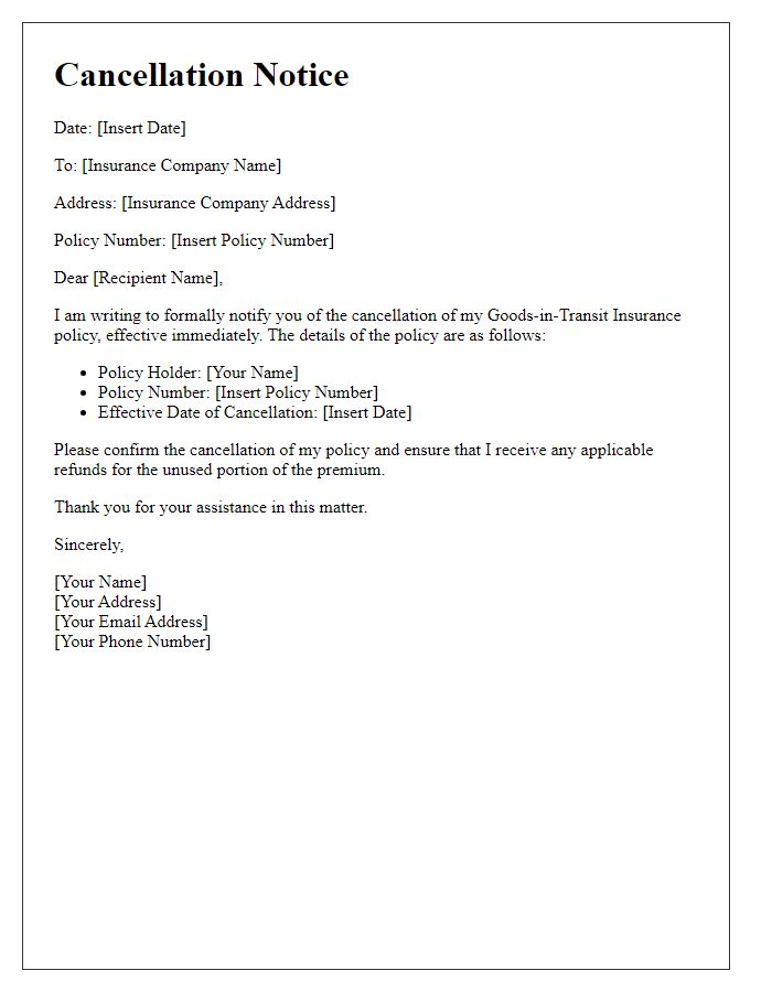 Letter template of cancellation notice for goods-in-transit insurance activation