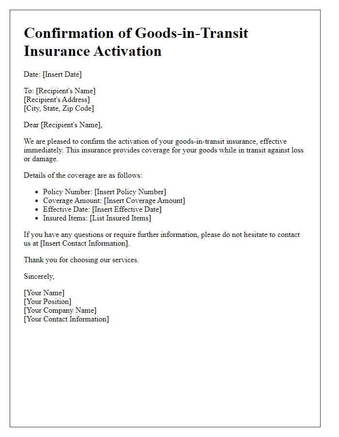 Letter template of confirmation for goods-in-transit insurance activation