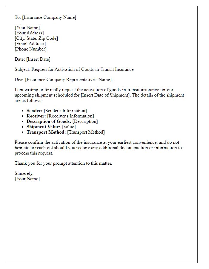 Letter template of request for goods-in-transit insurance activation