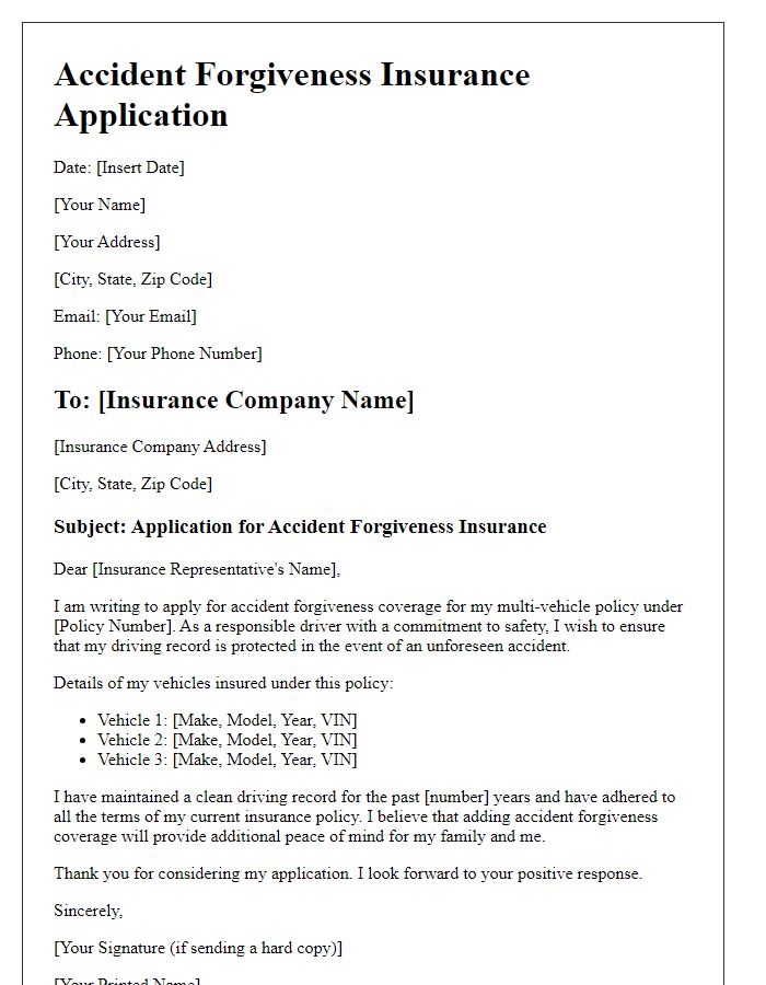 Letter template of accident forgiveness insurance application for multi-vehicle policies.