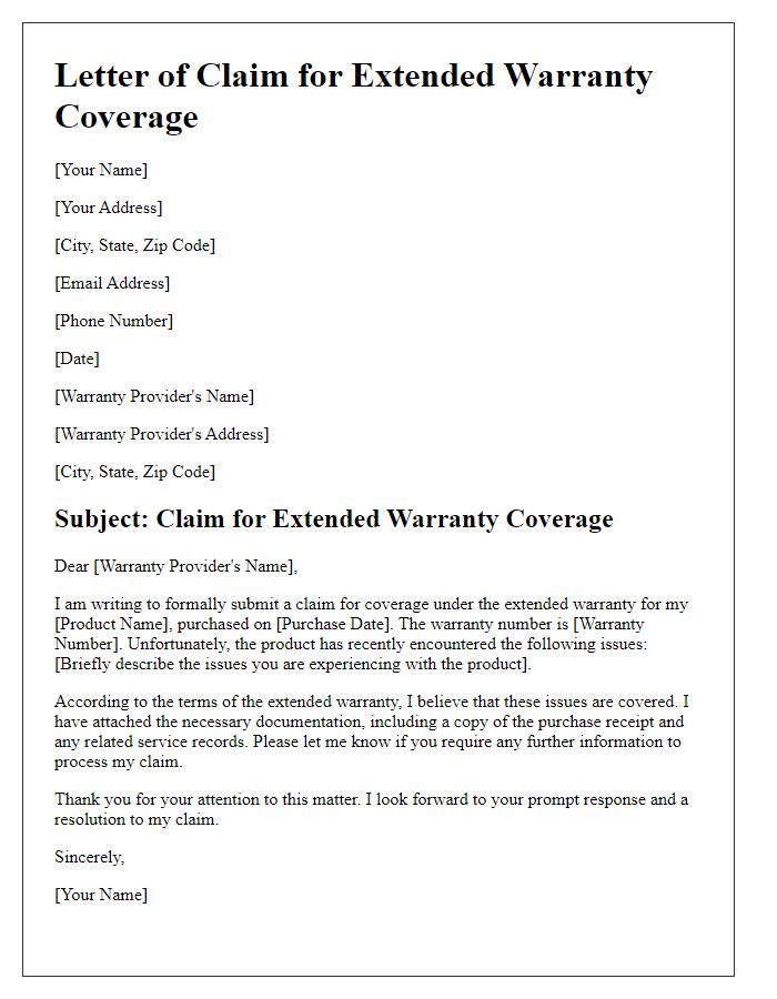 Letter template of claim for extended warranty coverage