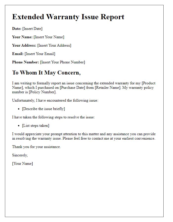 Letter template of extended warranty issue report