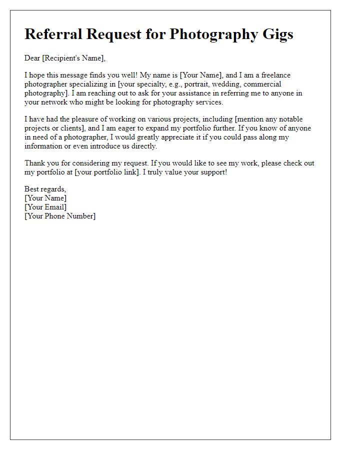 Letter template of freelance referral request for photography gigs.