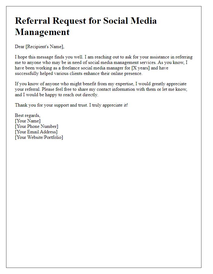 Letter template of freelance referral request for social media management.