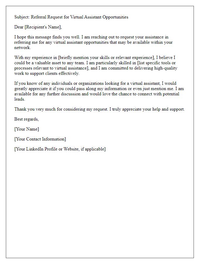 Letter template of freelance referral request for virtual assistant opportunities.