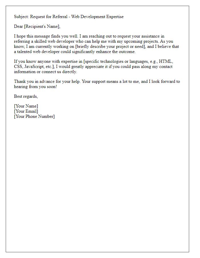 Letter template of freelance referral request for web development expertise.