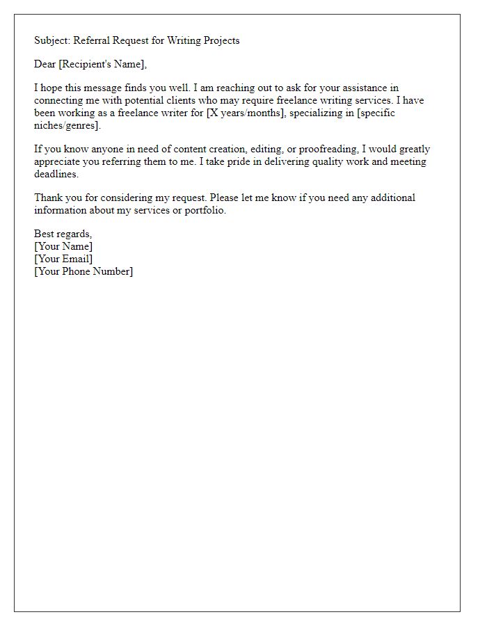 Letter template of freelance referral request for writing projects.