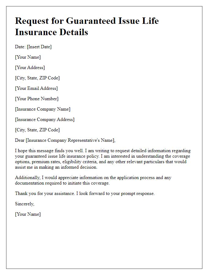 Letter template of request for guaranteed issue life insurance details