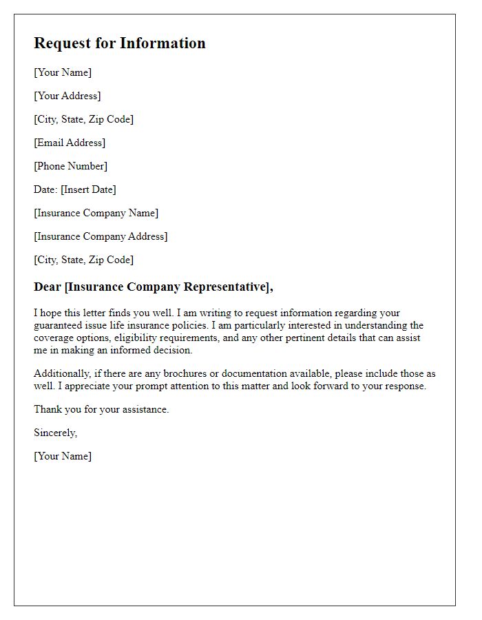 Letter template of request for guaranteed issue life insurance information