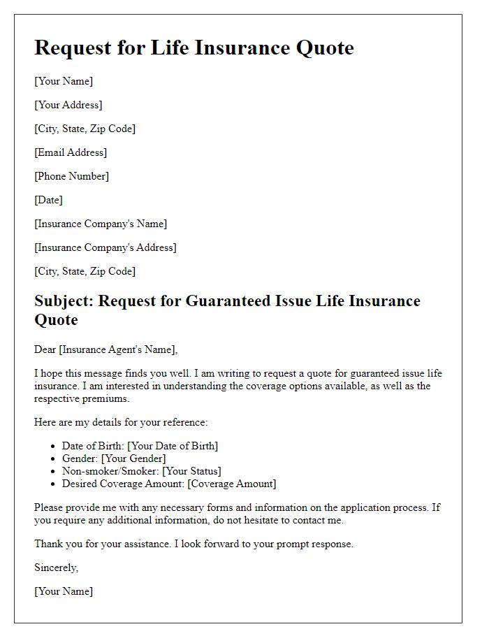 Letter template of request for guaranteed issue life insurance quote