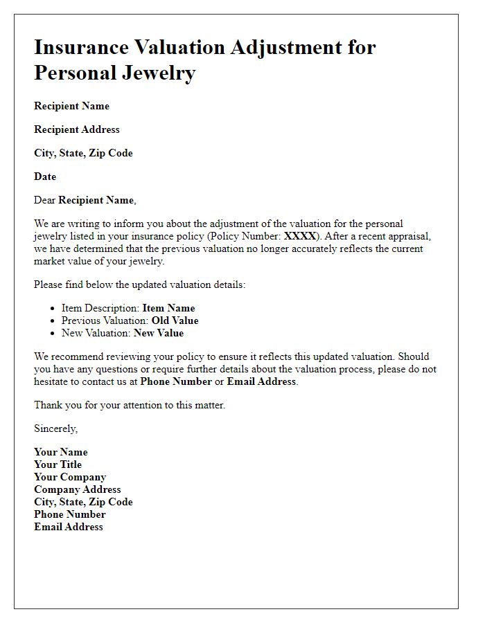 Letter template of insurance valuation adjustment for personal jewelry