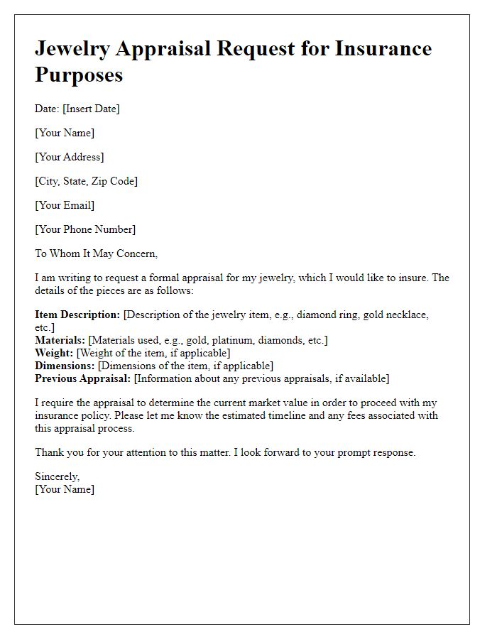 Letter template of jewelry appraisal request for insurance purposes