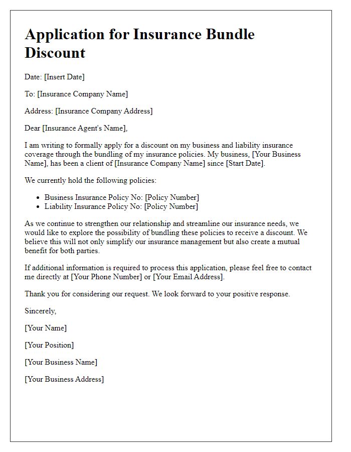 Letter template of insurance bundle discount application for business and liability coverage.