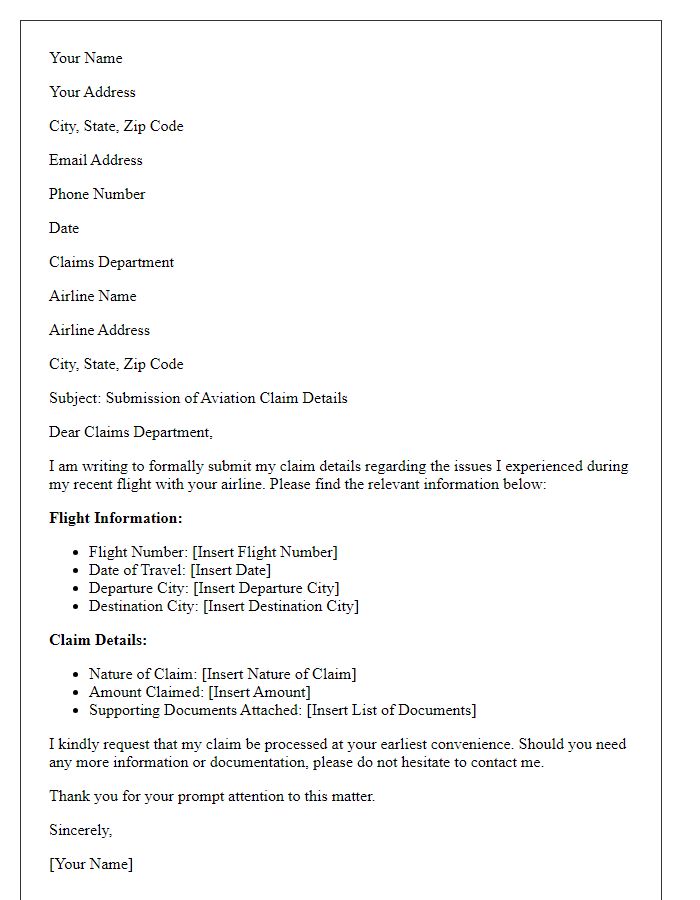 Letter template of aviation claim details submission