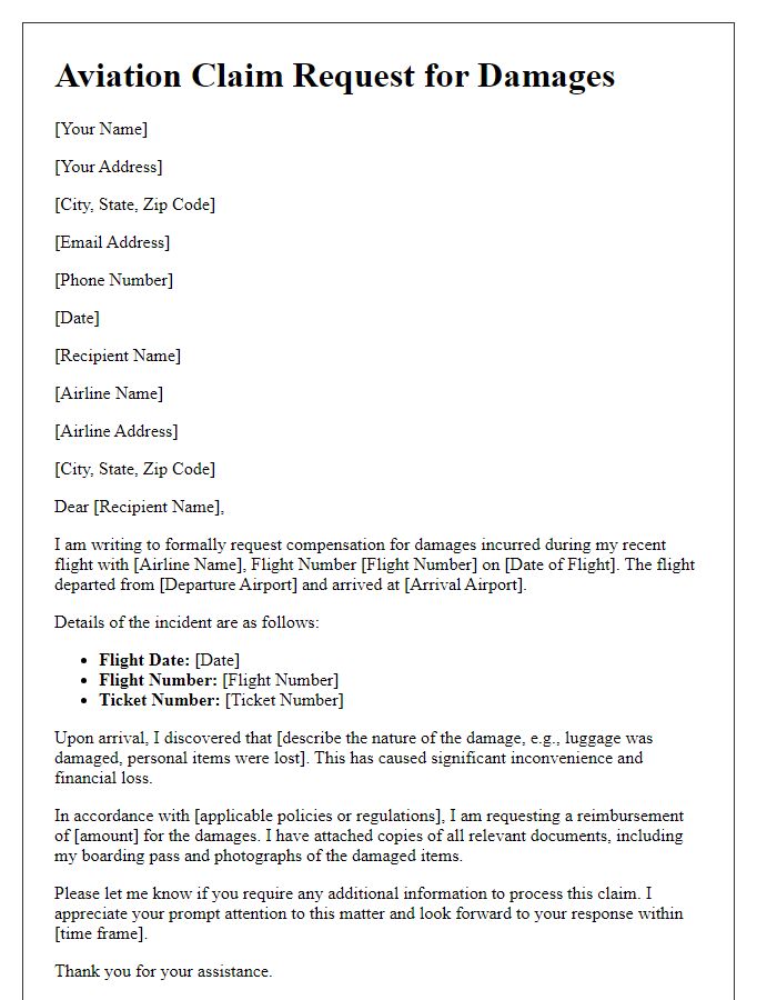 Letter template of aviation claim request for damages