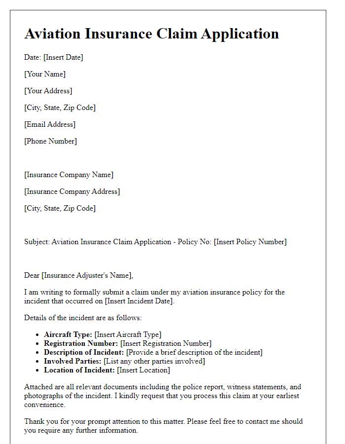 Letter template of aviation insurance claim application