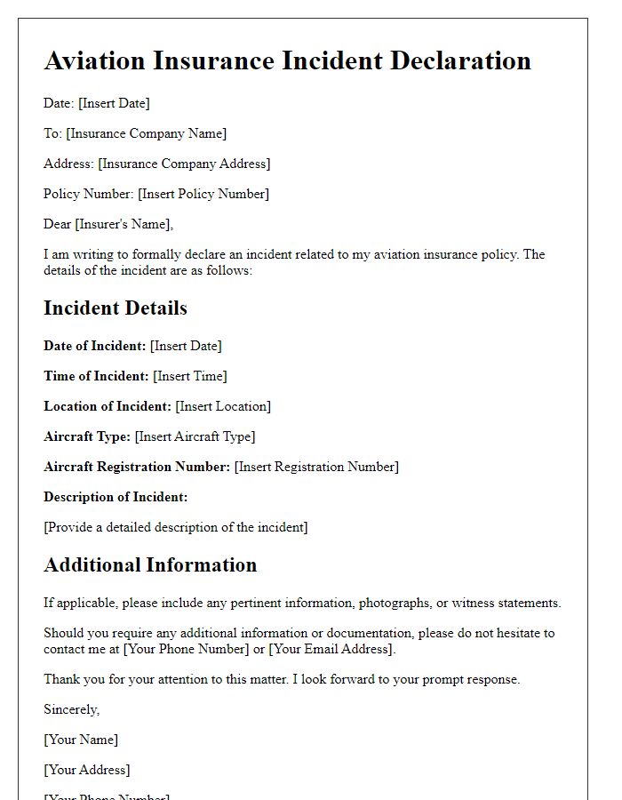 Letter template of aviation insurance incident declaration