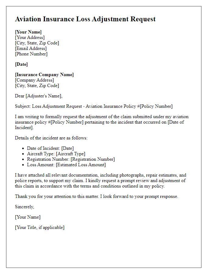 Letter template of aviation insurance loss adjustment request