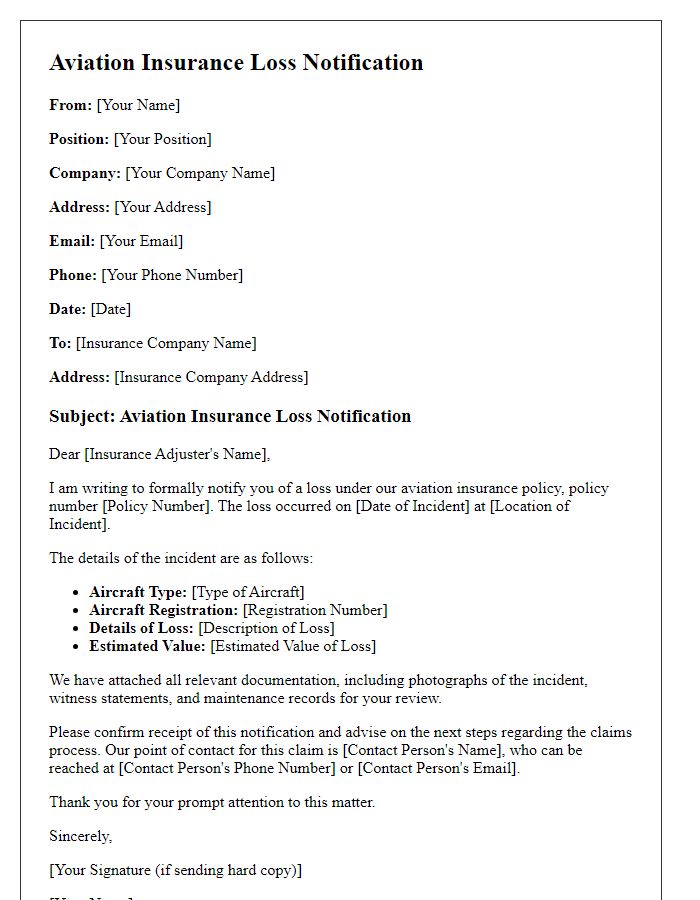 Letter template of aviation insurance loss notification