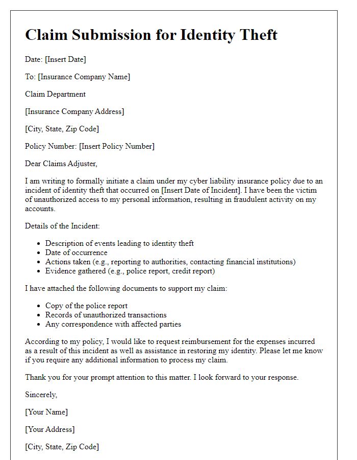 Letter template of cyber liability insurance claim for identity theft situation.