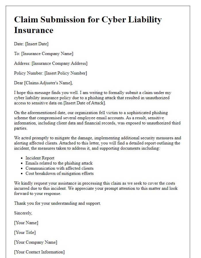 Letter template of cyber liability insurance claim for phishing attack exposure.