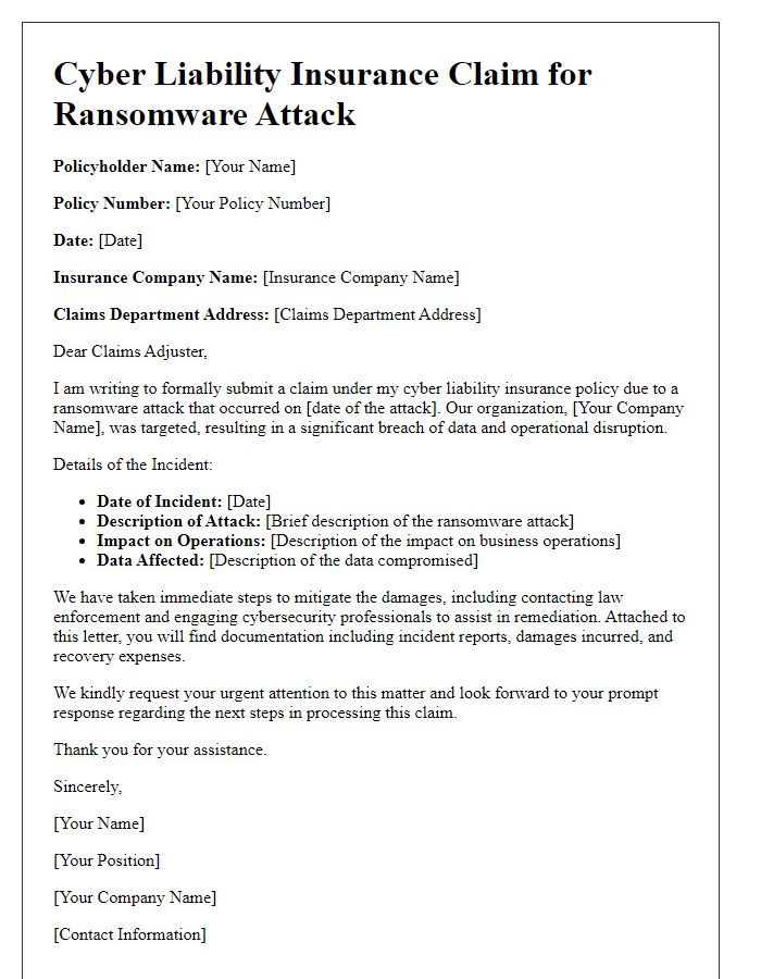 Letter template of cyber liability insurance claim for ransomware attack.