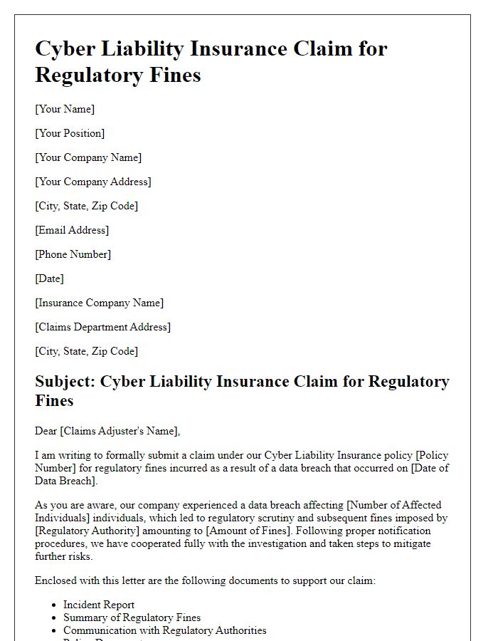 Letter template of cyber liability insurance claim for regulatory fines due to data breach.