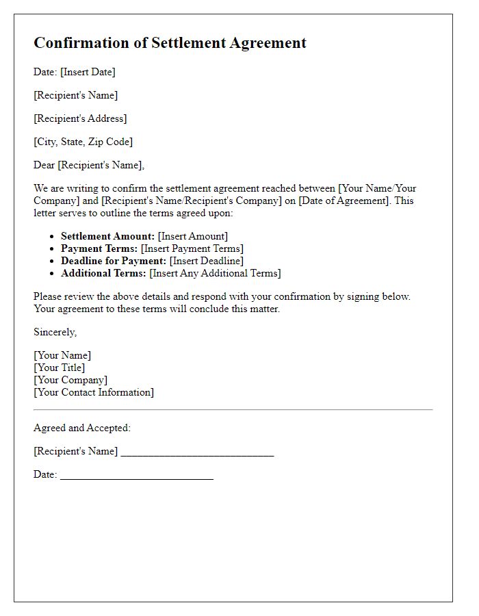 Letter template of confirmation of settlement agreement