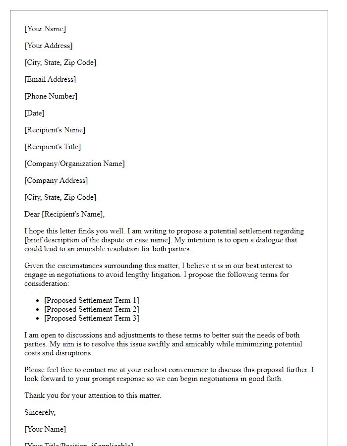 Letter template of initial proposal for legal settlement negotiations