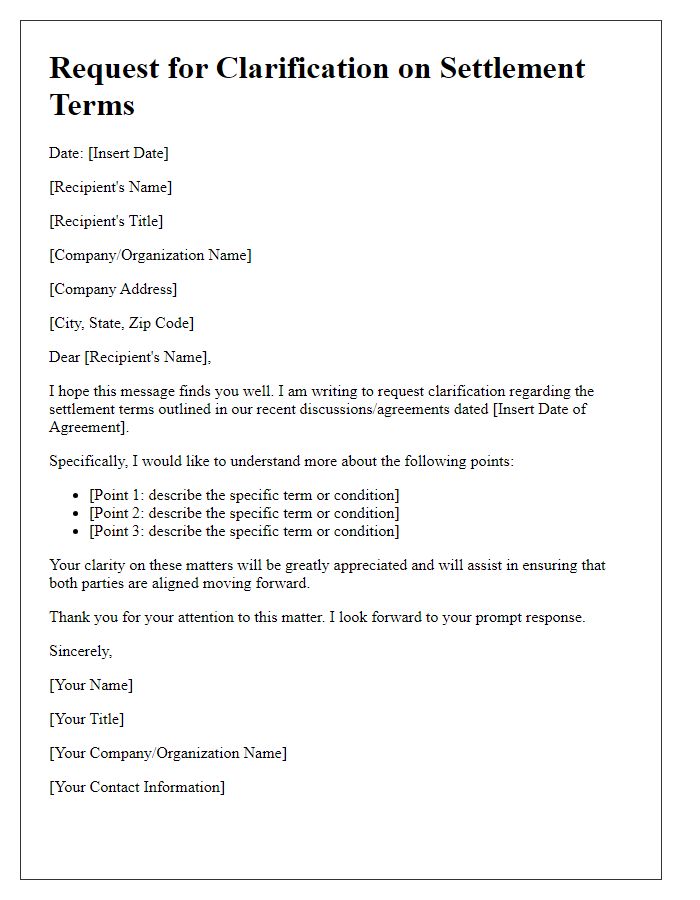 Letter template of request for clarification on settlement terms