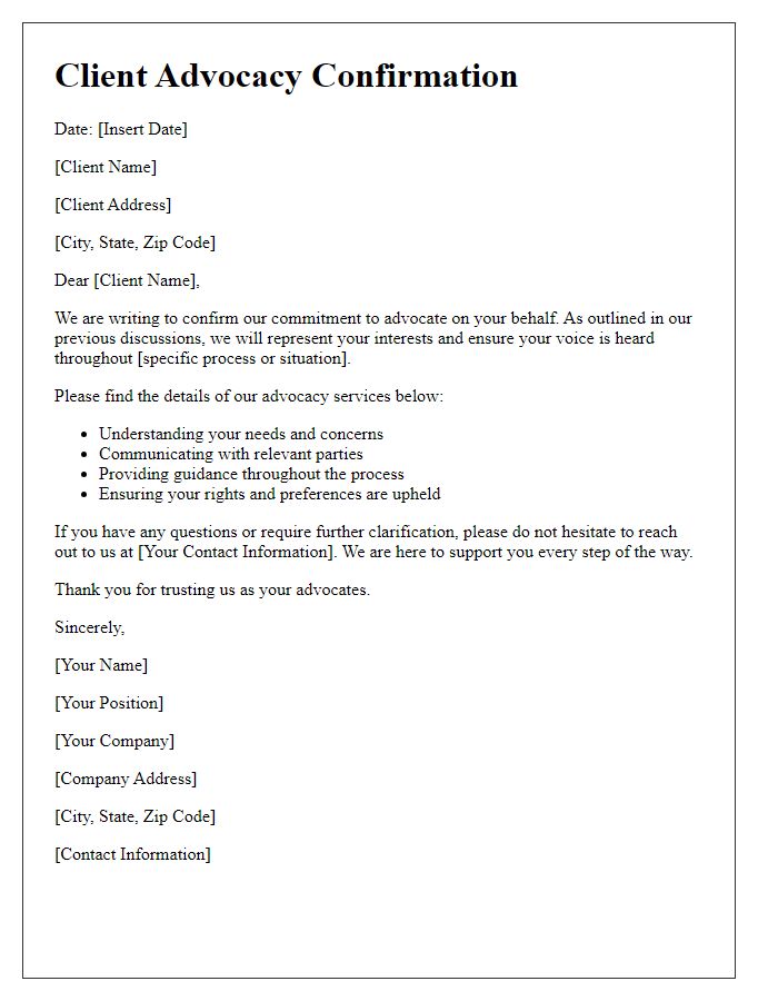 Letter template of client advocacy confirmation
