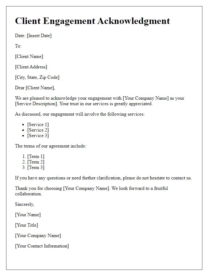 Letter template of client engagement acknowledgment