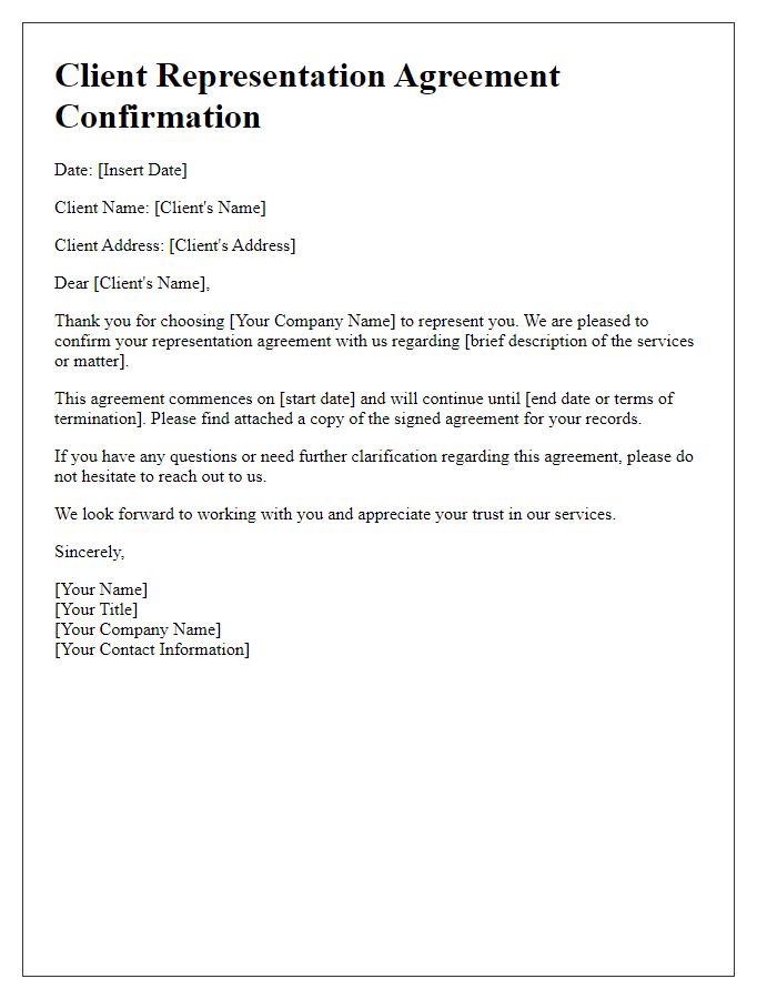 Letter template of client representation agreement confirmation