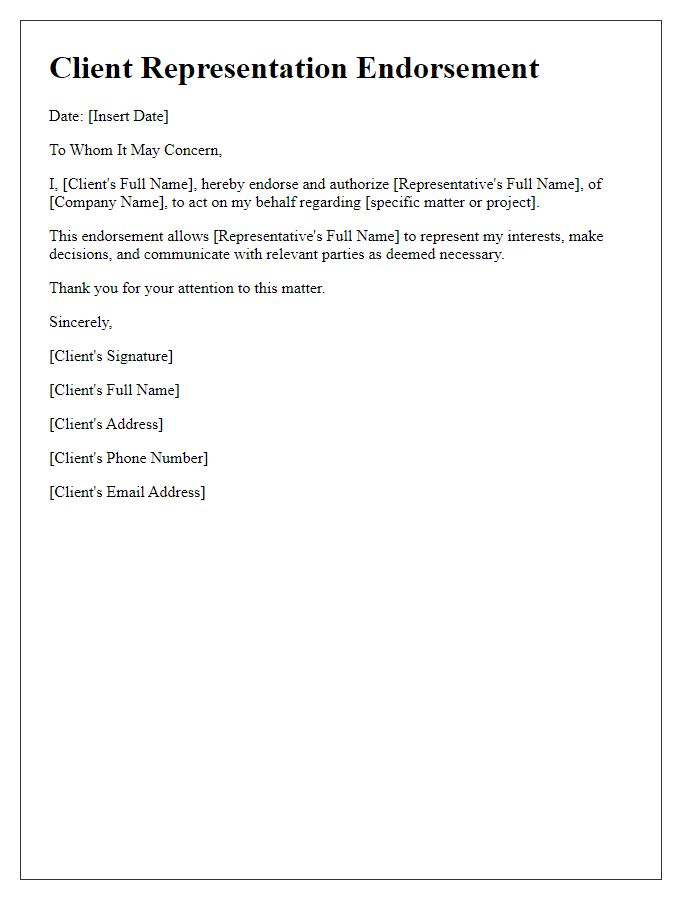 Letter template of client representation endorsement