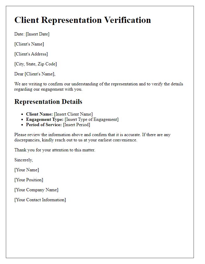 Letter template of client representation verification