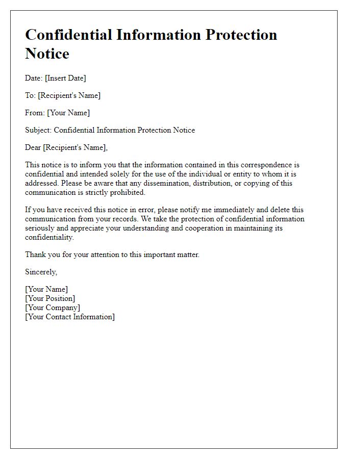 Letter template of confidential information protection notice