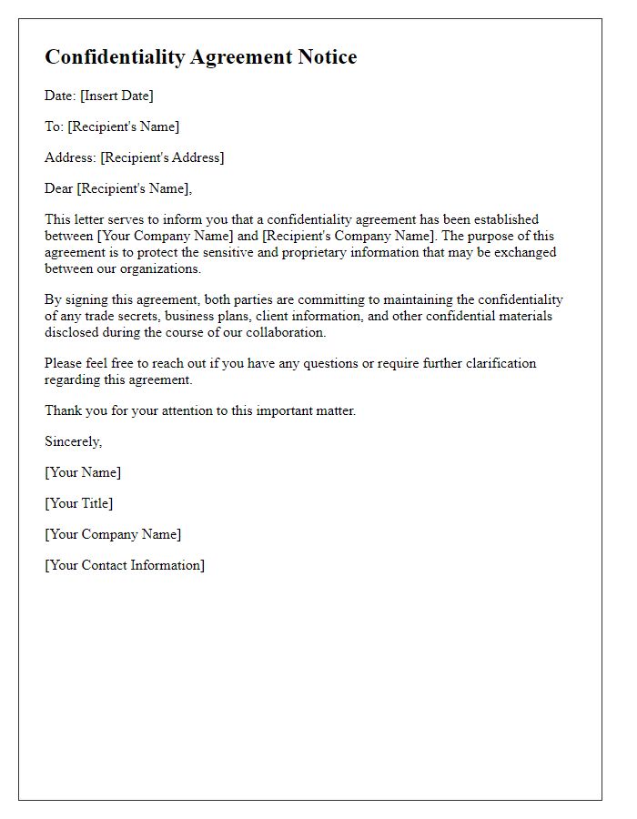 Letter template of confidentiality agreement notice