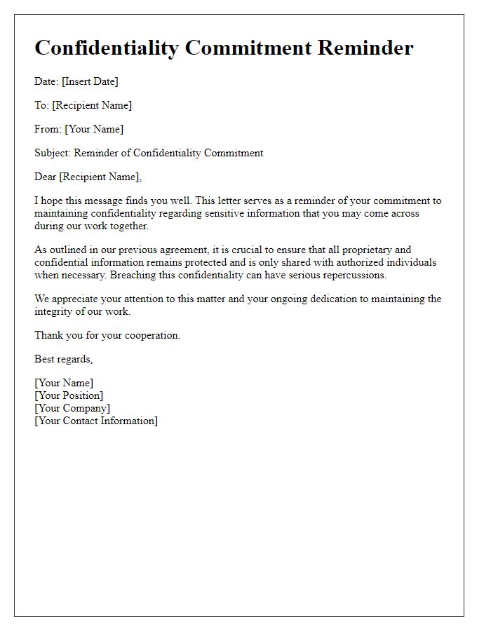 Letter template of confidentiality commitment reminder