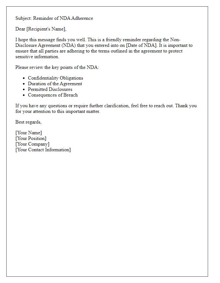 Letter template of NDA adherence reminder